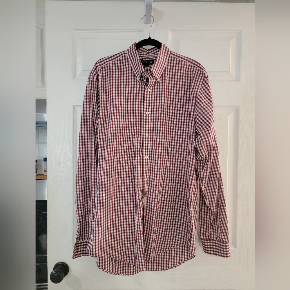 Lands' End Men's Burgundy Checkered Shirt 16 1/2 37 Tall